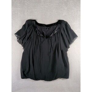 Lafayette 148 New York Top 100% Silk Womens Large Black Sheer  Sleeves blouson